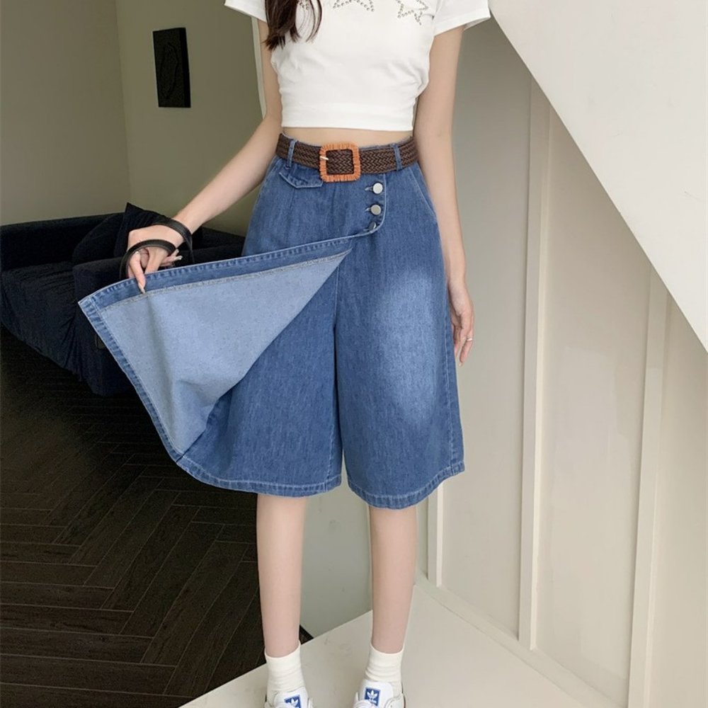 Denim Skirt with Shorts for Women, Denim Skirt with Slit Front, Denim Skirt Midi